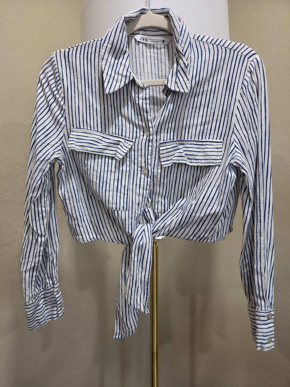 Zara Striped Cropped Tie-Front Long Sleeve  Shirt Size M